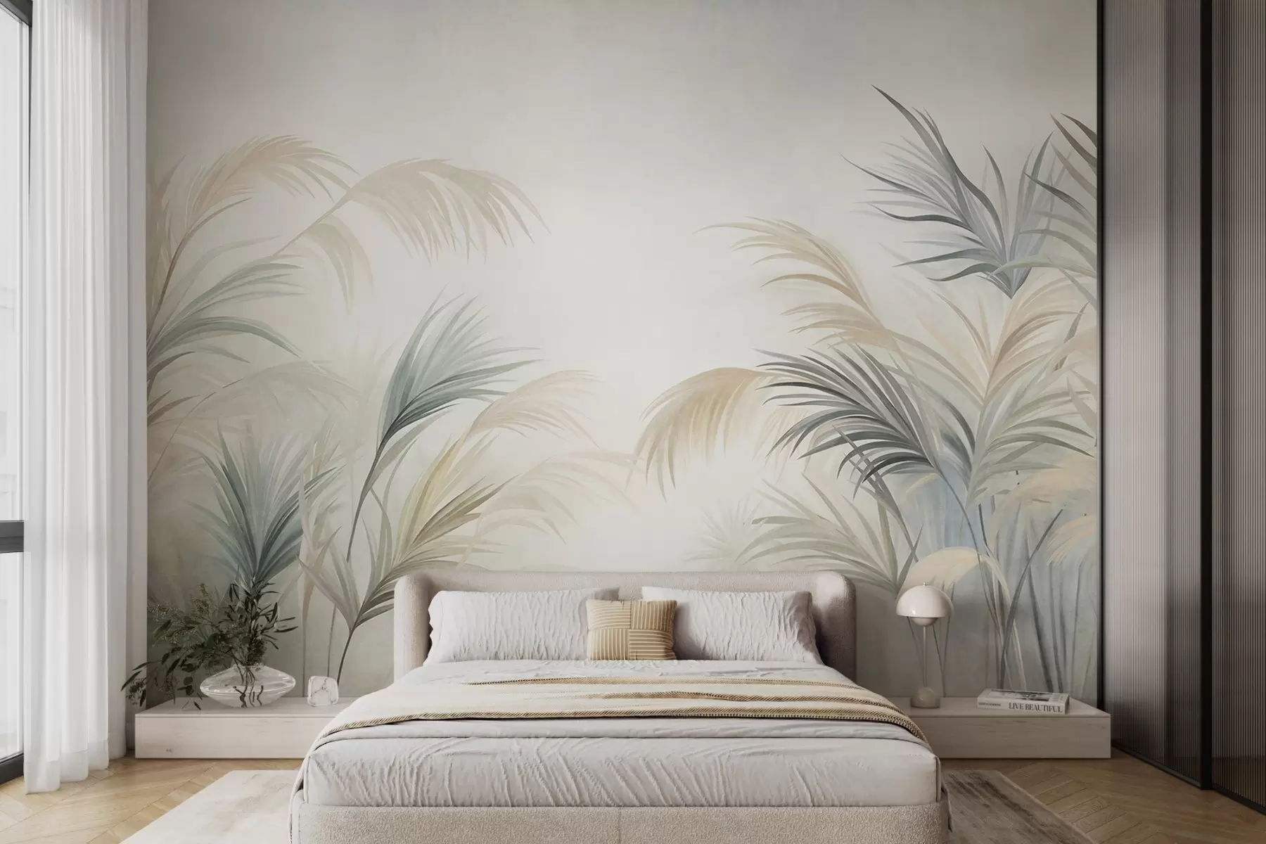 wall murals Tall plants in muted tones of beige, green, and grey against a soft textured background w09984