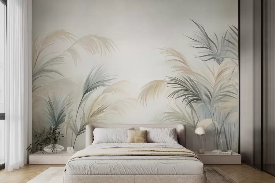 wall murals Tall plants in muted tones of beige, green, and grey against a soft textured background w09984