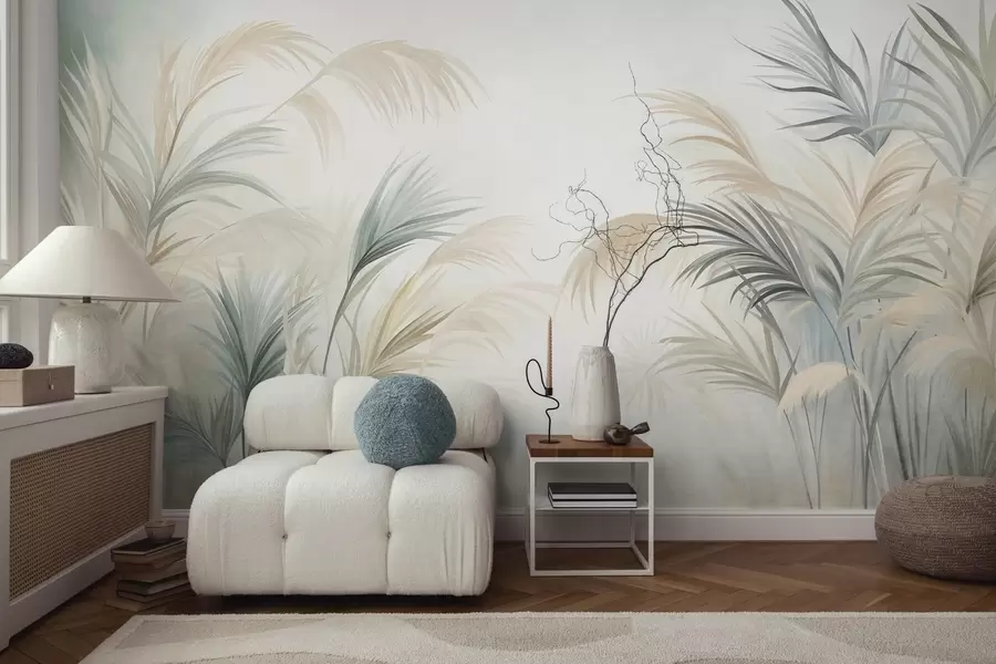 wall murals Tall plants in muted tones of beige, green, and grey against a soft textured background w09984