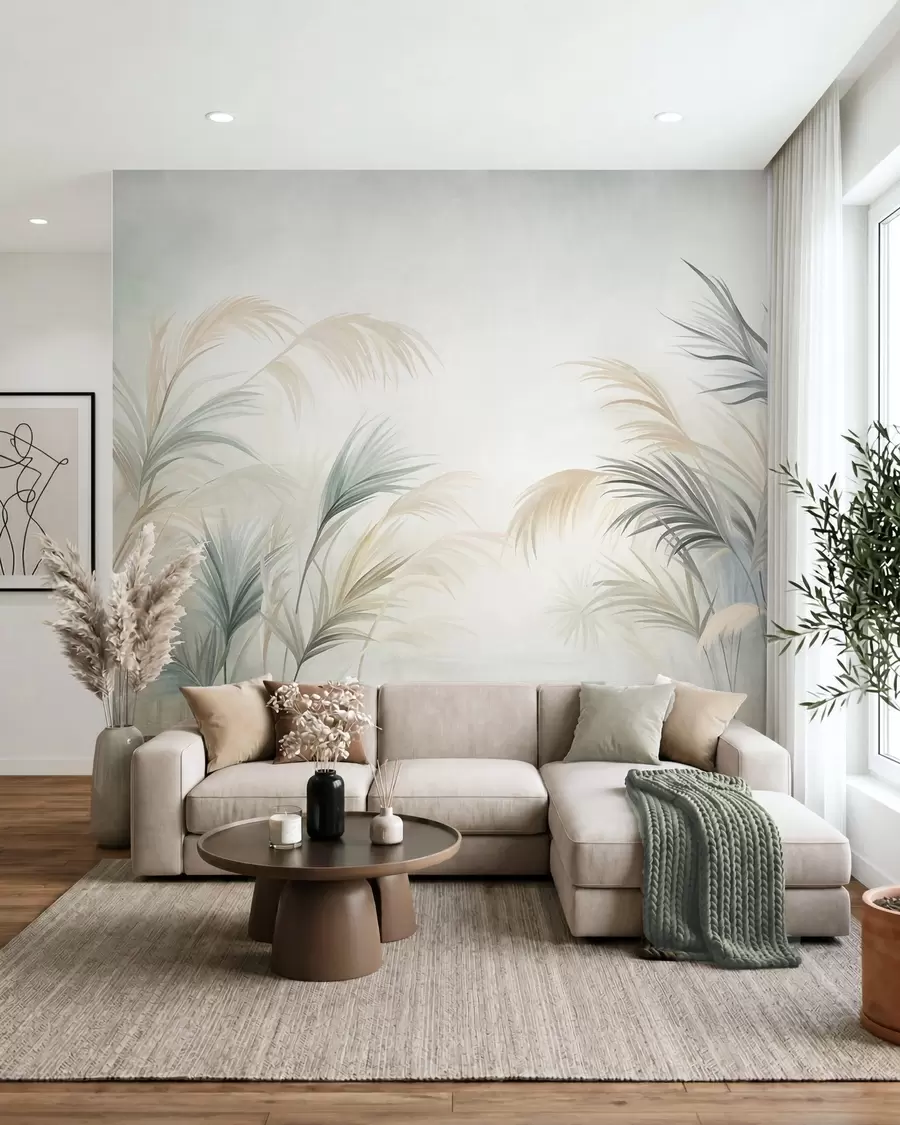 wall murals Tall plants in muted tones of beige, green, and grey against a soft textured background w09984