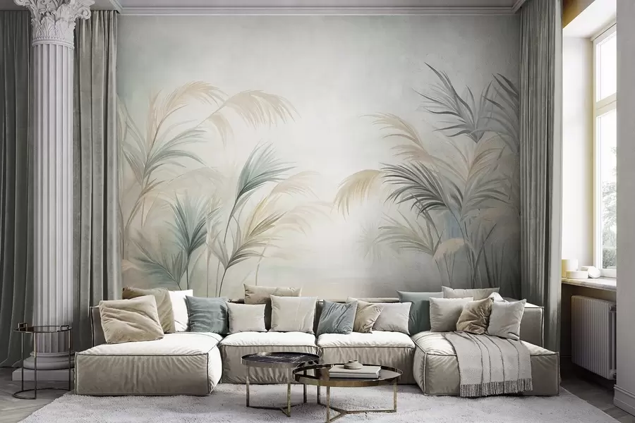 wall murals Tall plants in muted tones of beige, green, and grey against a soft textured background w09984