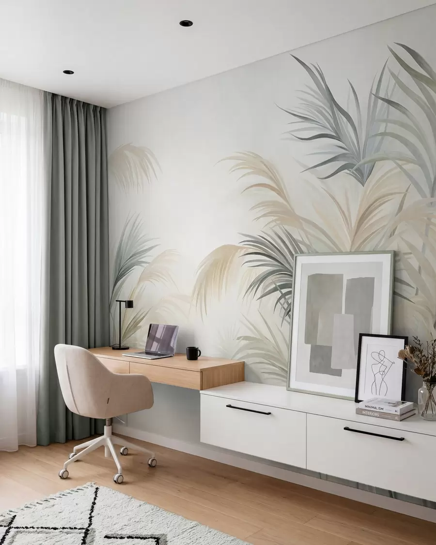 wall murals Tall plants in muted tones of beige, green, and grey against a soft textured background w09984