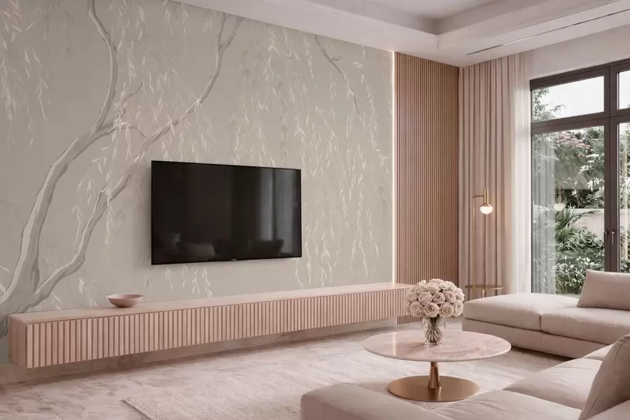 wall murals Light branches with white leaves on warm background w05812v2