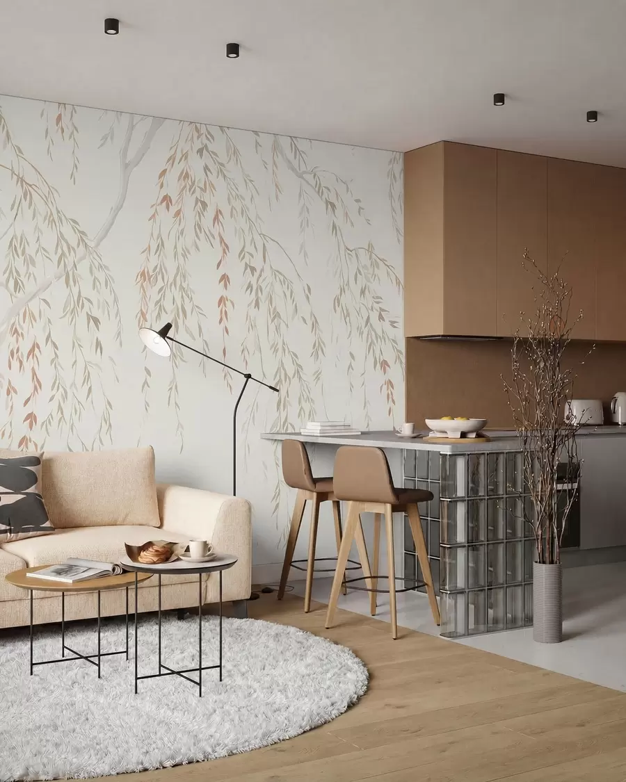 wall murals Light hanging branches with delicate leaves w05812v4