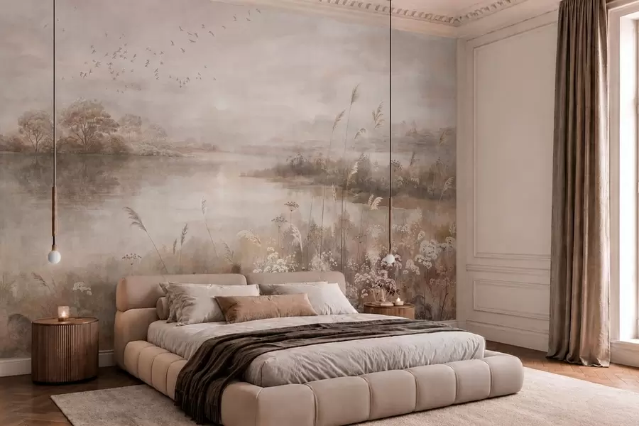 wall murals Misty lakeside landscape with wildflowers w05813