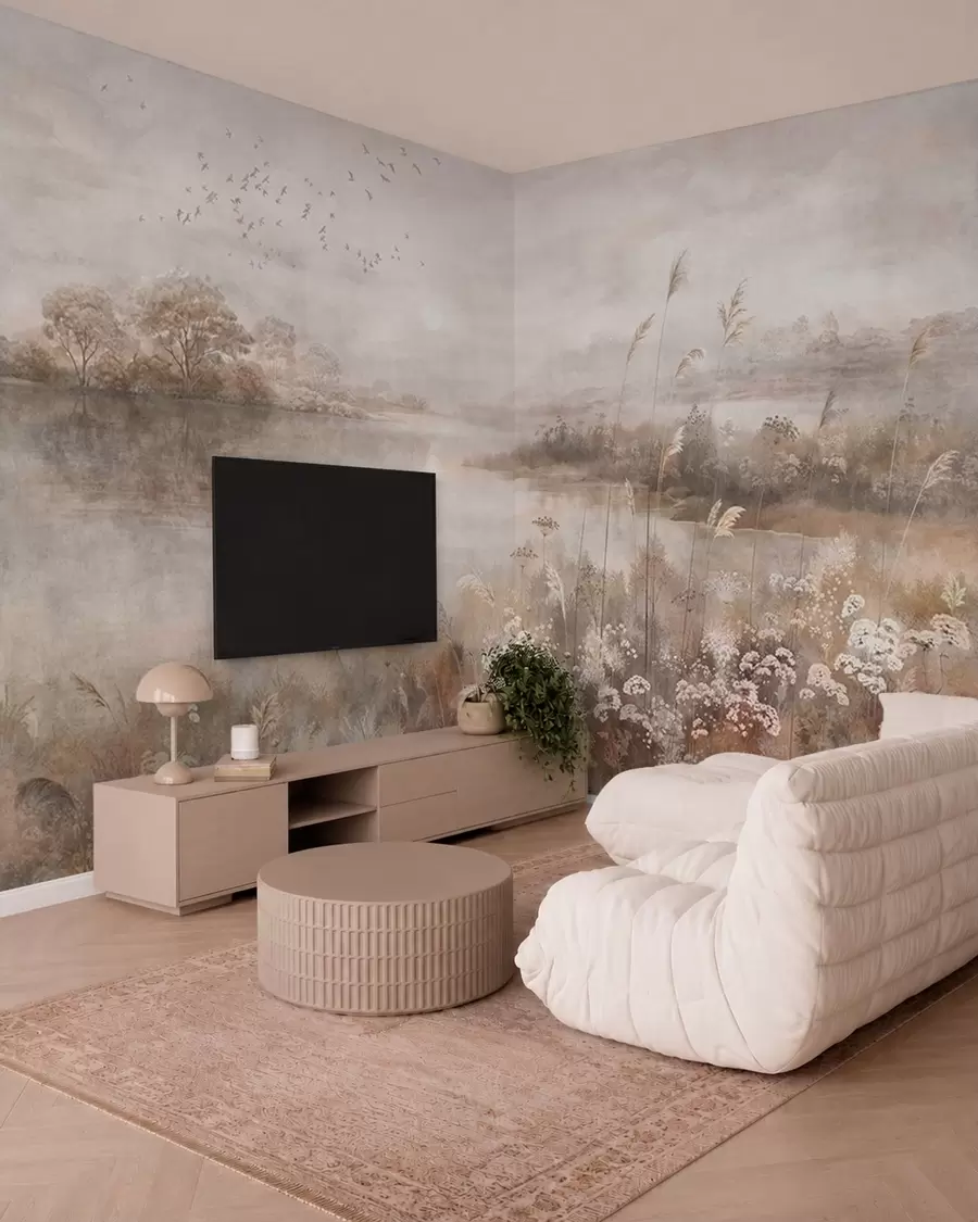wall murals Misty lakeside landscape with wildflowers w05813