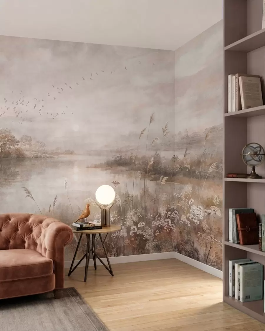 wall murals Misty lakeside landscape with wildflowers w05813