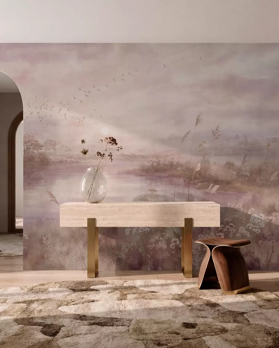 wall murals Pink toned lake with wildflowers w05813v1