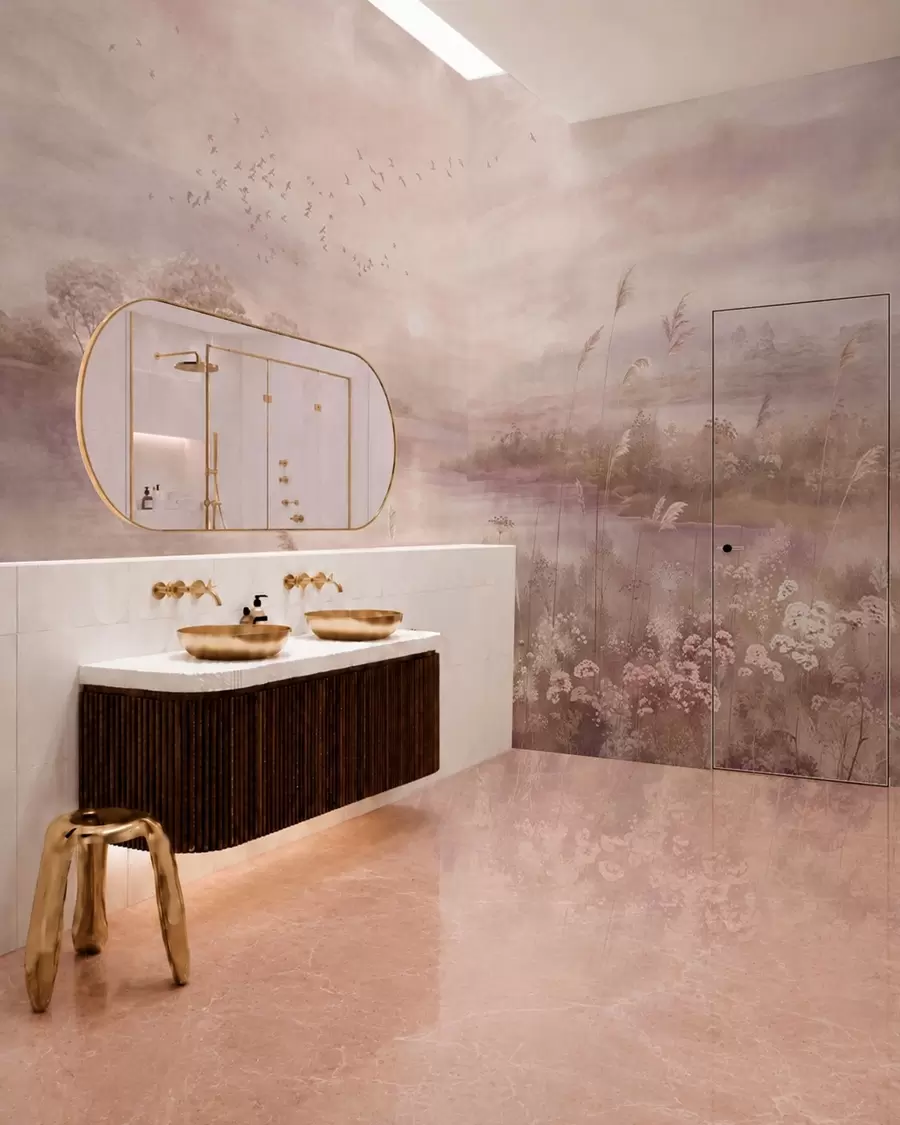 wall murals Pink toned lake with wildflowers w05813v1