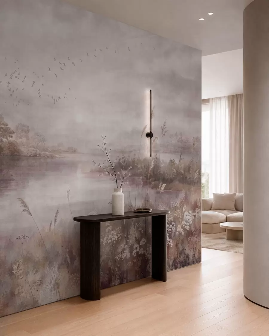 wall murals Calm lake in soft lilac tones w05813v2