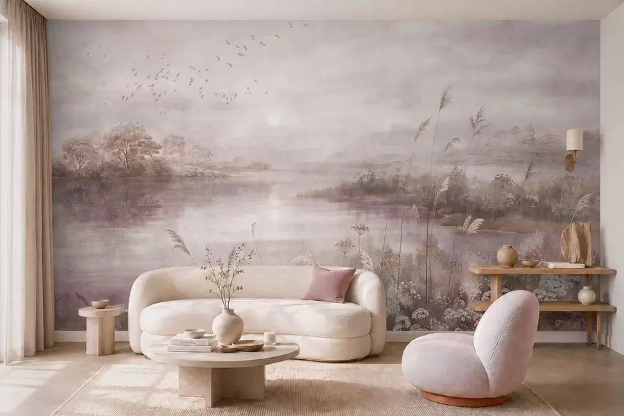 wall murals Calm lake in soft lilac tones w05813v2