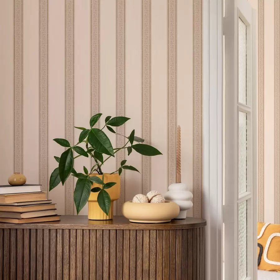 wall murals Elegant Beige Stripes with Leaves a01249v2
