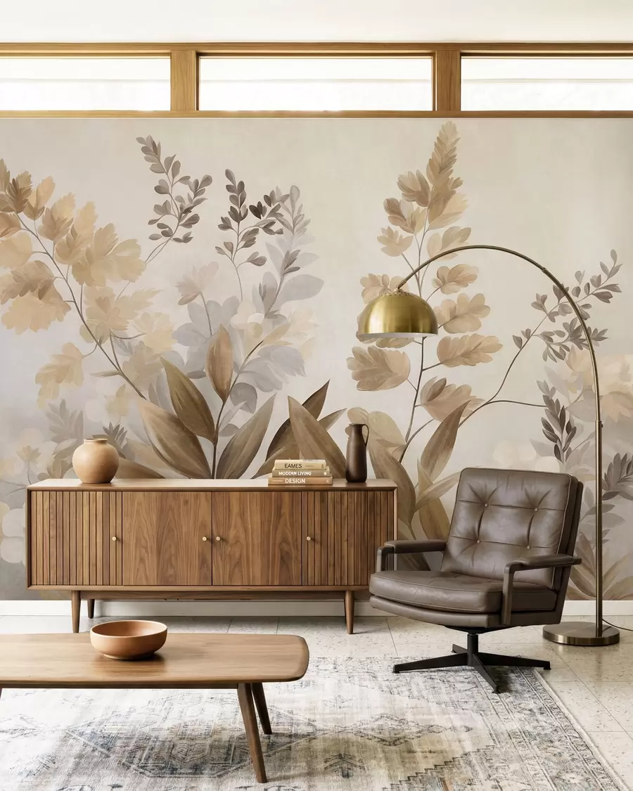 wall murals Textured botanical art, various plants and leaves in shades of brown and beige w09979