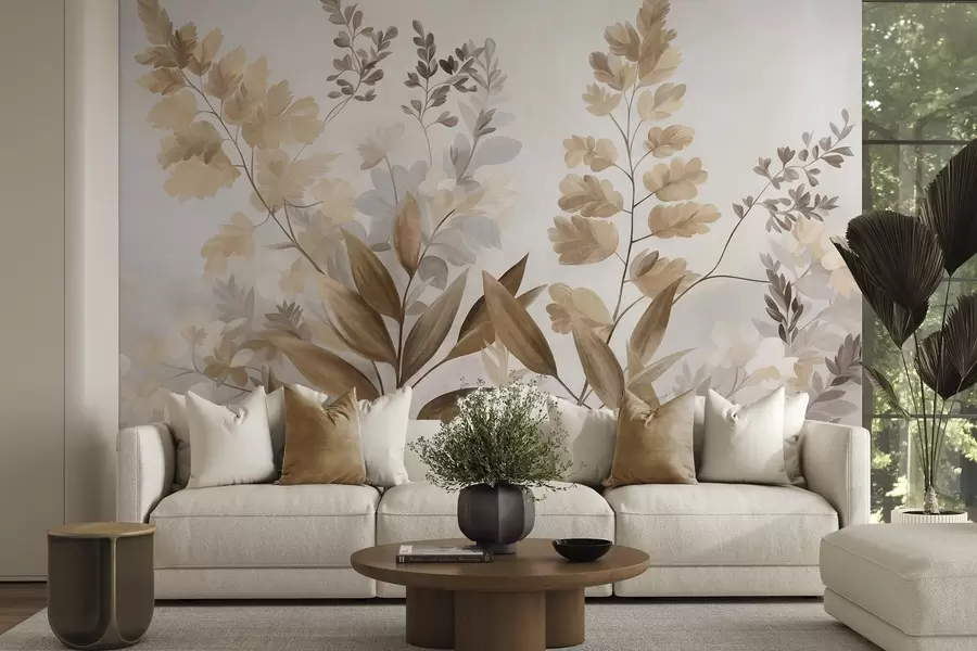 wall murals Textured botanical art, various plants and leaves in shades of brown and beige w09979