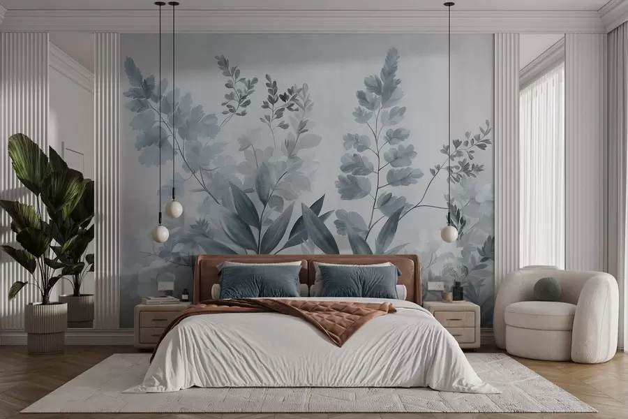 wall murals Textured botanical art, various plants and leaves in shades of blue and gray w09979v1
