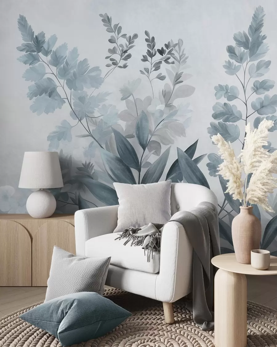 wall murals Textured botanical art, various plants and leaves in shades of blue and gray w09979v1