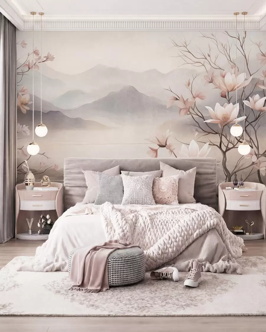 wall murals Mountains and blooming pink magnolia branches, textured landscape w10013