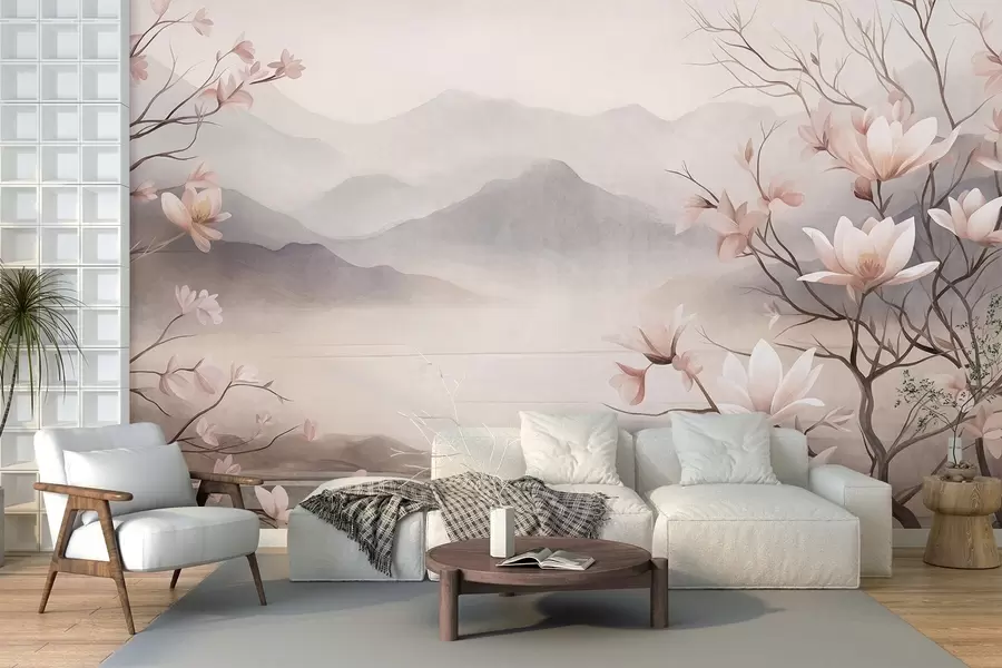wall murals Mountains and blooming pink magnolia branches, textured landscape w10013