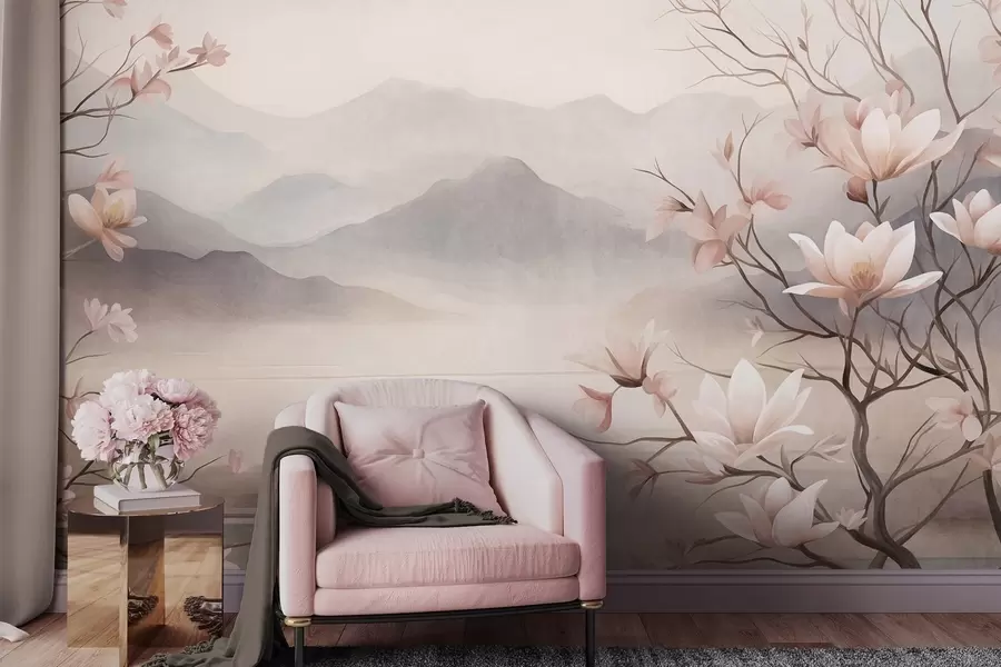 wall murals Mountains and blooming pink magnolia branches, textured landscape w10013