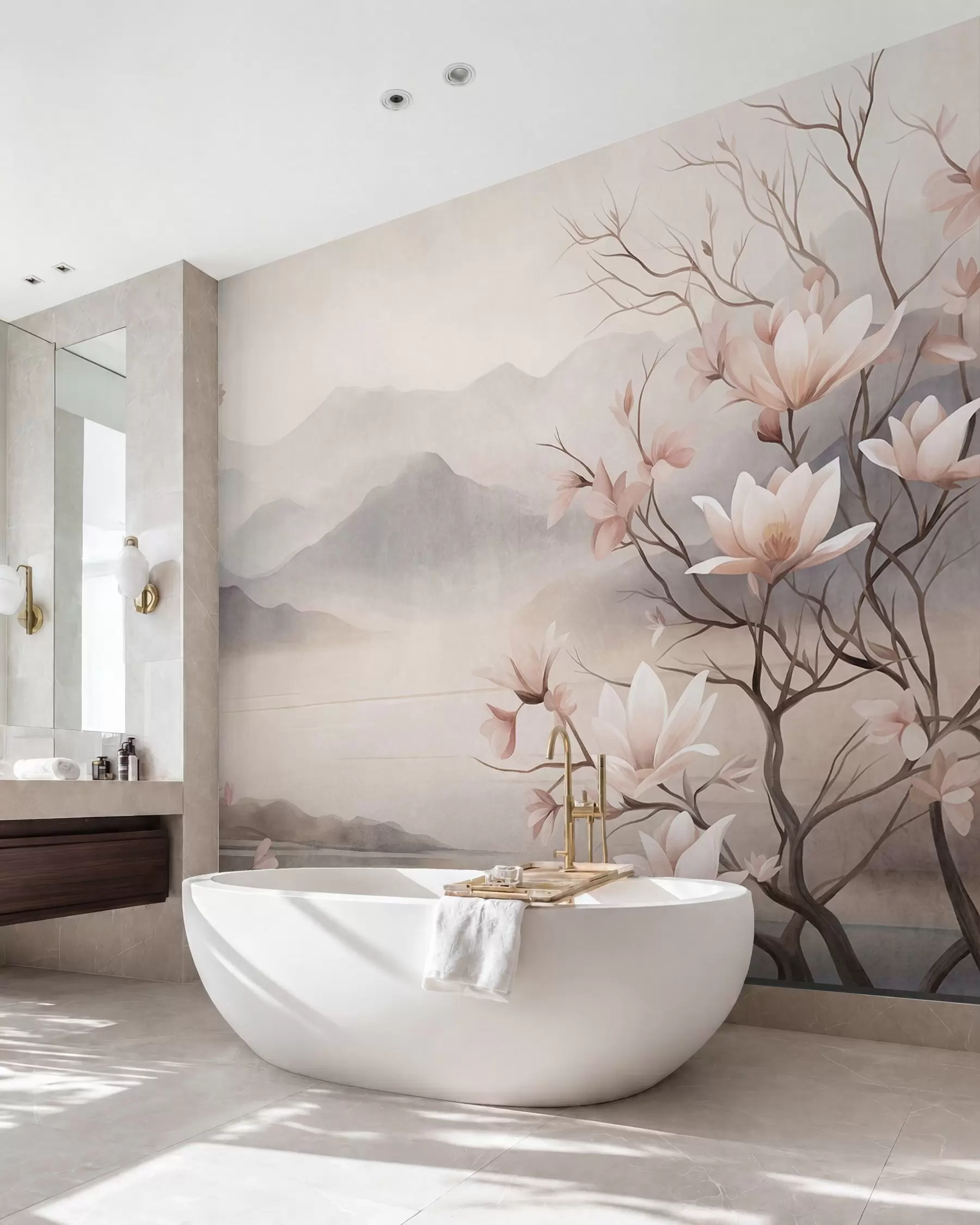 wall murals Mountains and blooming pink magnolia branches, textured landscape w10013