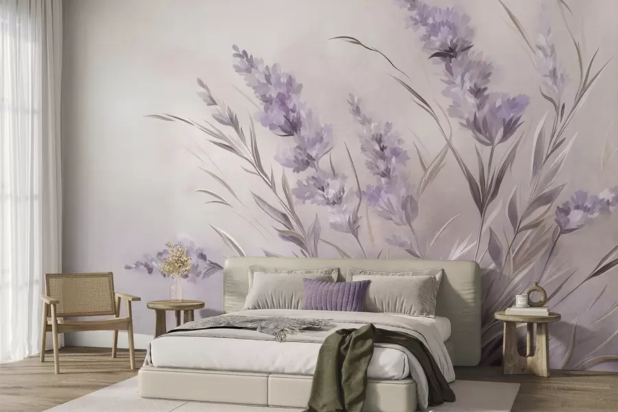 wall murals Lavender flowers with long stems and leaves, soft pastel textured art w10018
