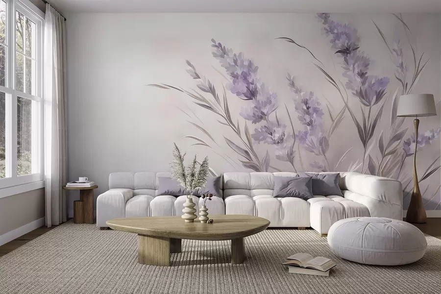 wall murals Lavender flowers with long stems and leaves, soft pastel textured art w10018