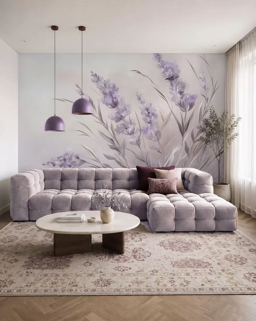 wall murals Lavender flowers with long stems and leaves, soft pastel textured art w10018