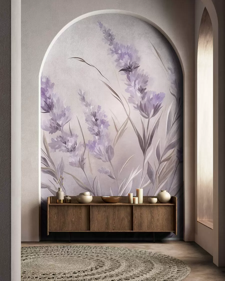 wall murals Lavender flowers with long stems and leaves, soft pastel textured art w10018