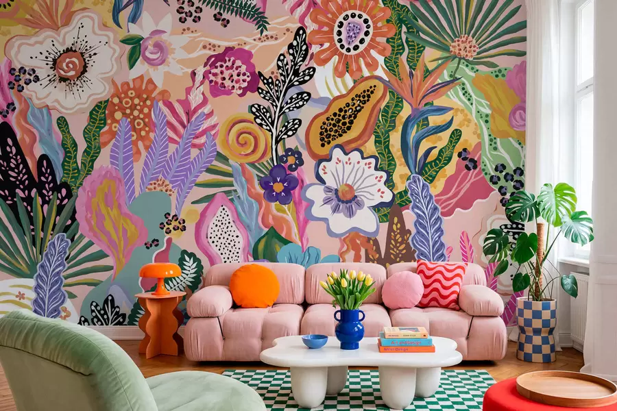 wall murals Vibrant tropical motif with flowers, leaves and colorful fruits w05815