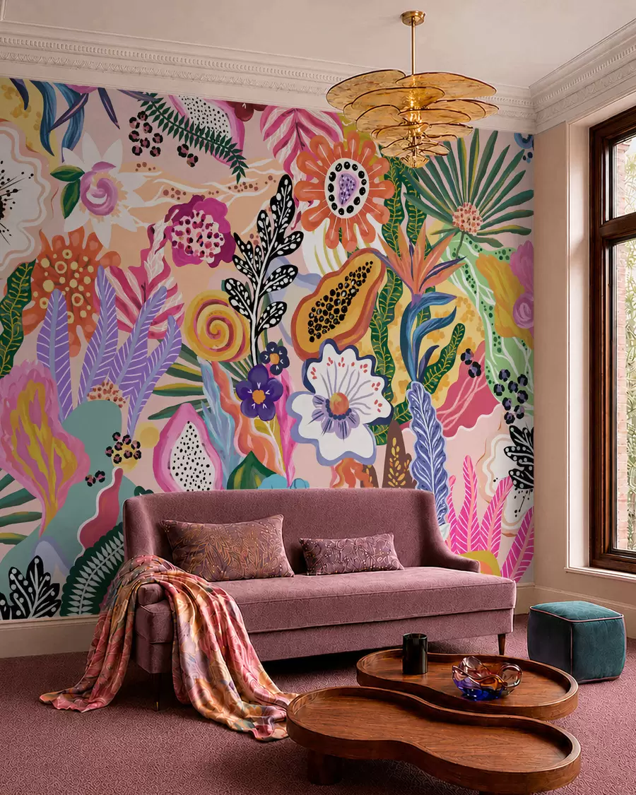 wall murals Vibrant tropical motif with flowers, leaves and colorful fruits w05815