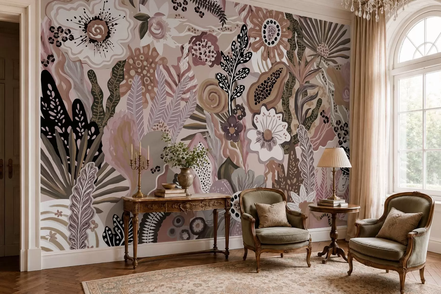 wall murals Powdery tropical motif with flowers, leaves and muted soft tones w05815v1