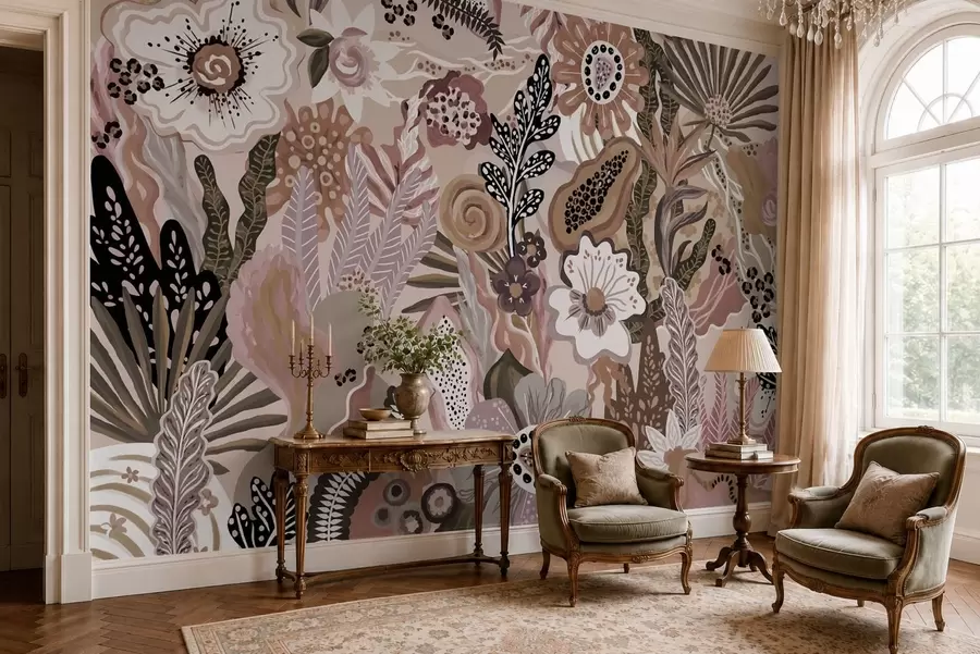 wall murals Powdery tropical motif with flowers, leaves and muted soft tones w05815v1