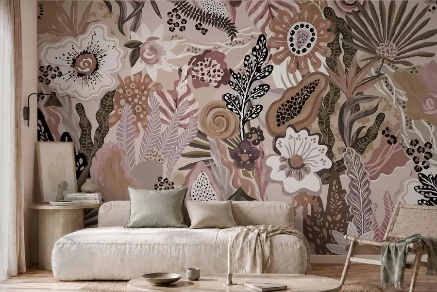 wall murals Powdery tropical motif with flowers, leaves and muted soft tones w05815v1