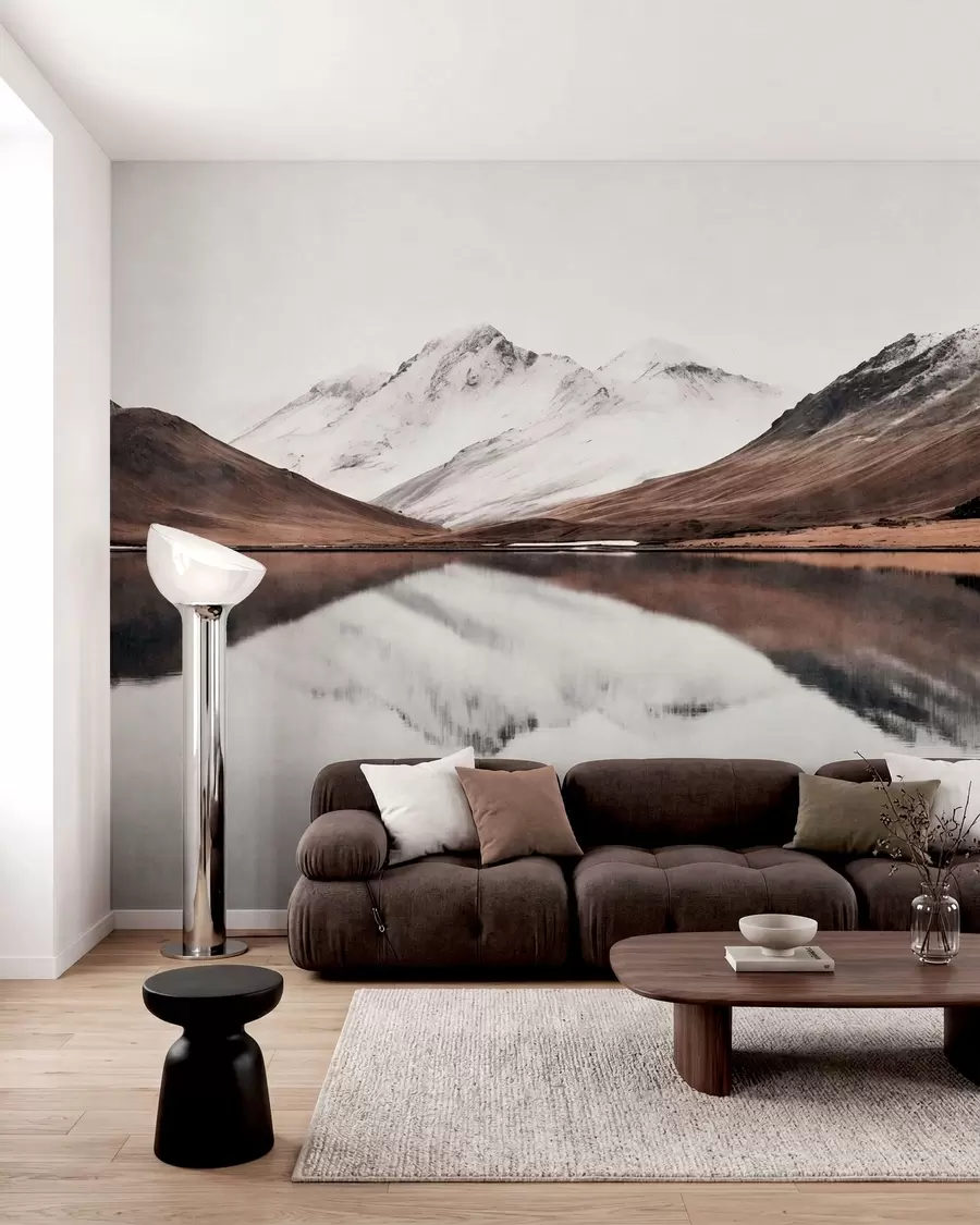 wall murals Snowy mountain peaks and a calm lake with a mirror-like reflection w05816