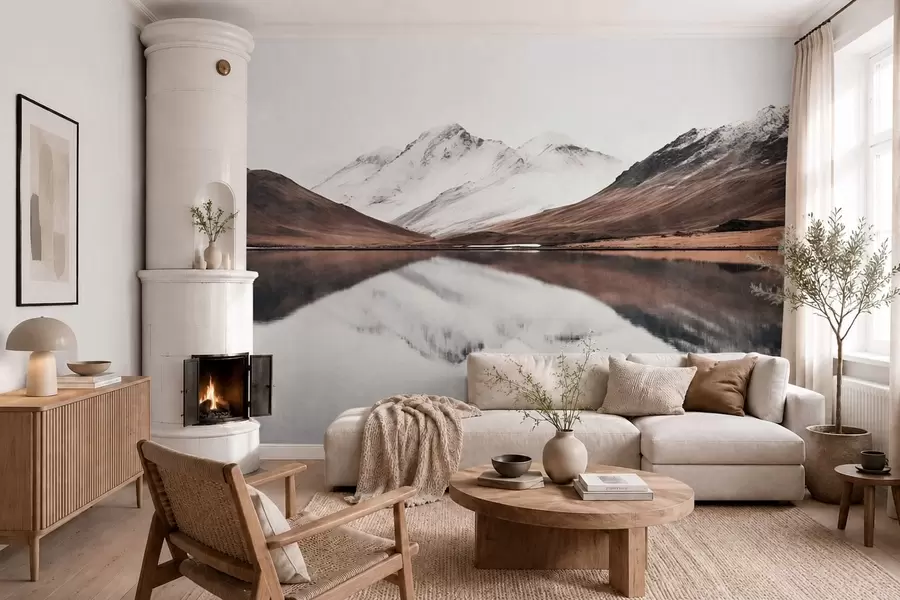 wall murals Snowy mountain peaks and a calm lake with a mirror-like reflection w05816