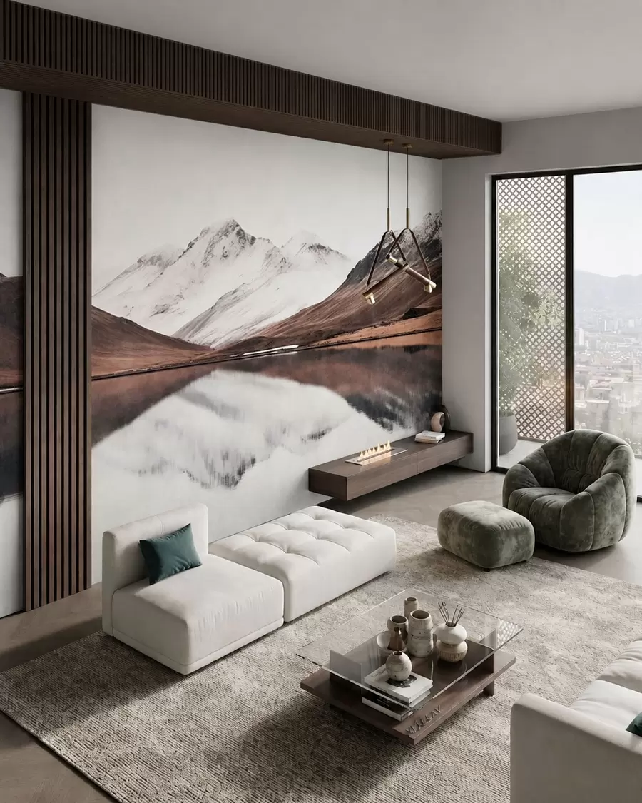 wall murals Snowy mountain peaks and a calm lake with a mirror-like reflection w05816
