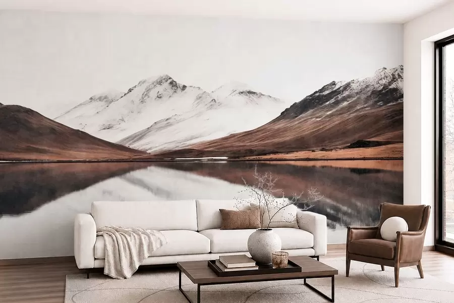 wall murals Snowy mountain peaks and a calm lake with a mirror-like reflection w05816