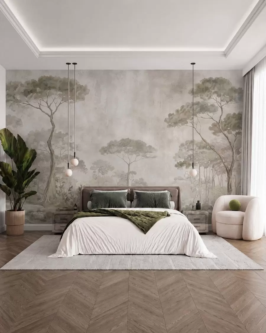 wall murals Misty forest by calm water in soft natural pastel tones w05817