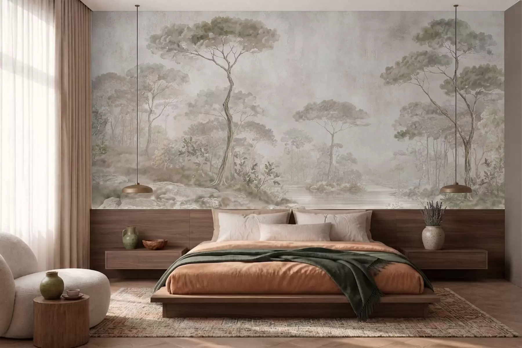 wall murals Misty forest by calm water in soft natural pastel tones w05817