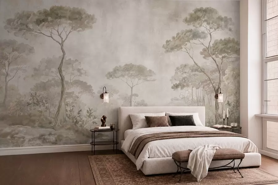 wall murals Misty forest by calm water in soft natural pastel tones w05817