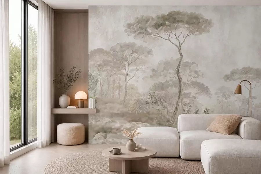 wall murals Misty forest by calm water in soft natural pastel tones w05817