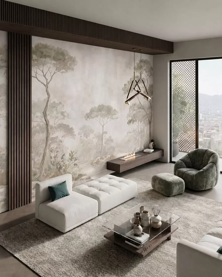 wall murals Misty forest by calm water in soft natural pastel tones w05817