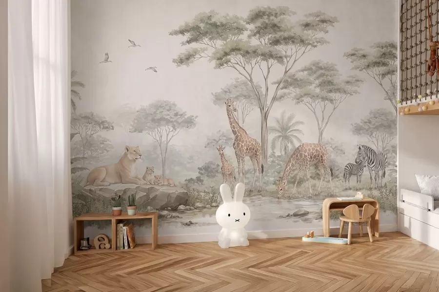 wall murals Safari with giraffes, lions, zebras and tropical trees w05804