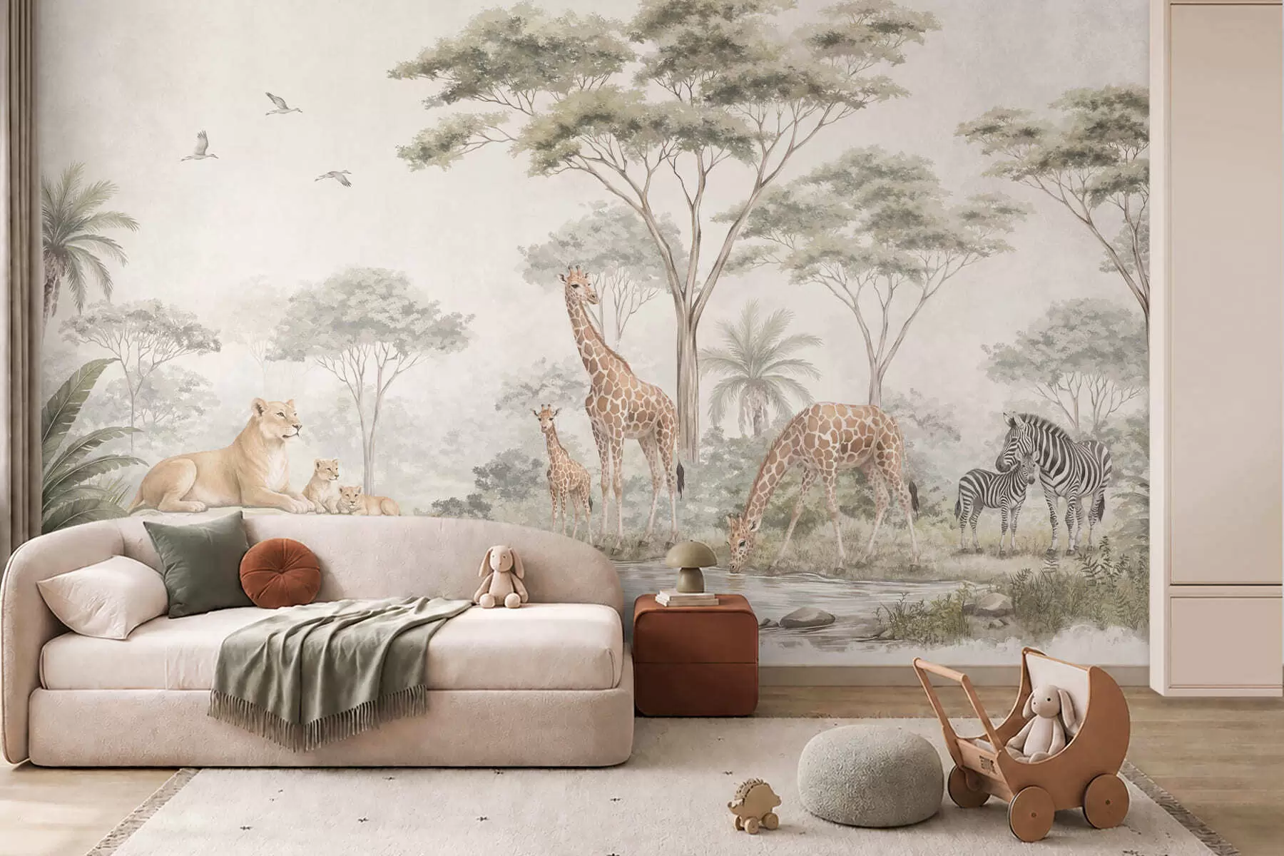 wall murals Safari with giraffes, lions, zebras and tropical trees w05804