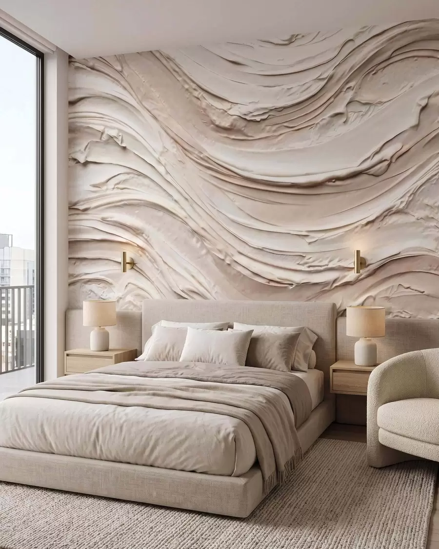 wall murals Warm cream-peach waves imitating textured plaster, abstract w09990