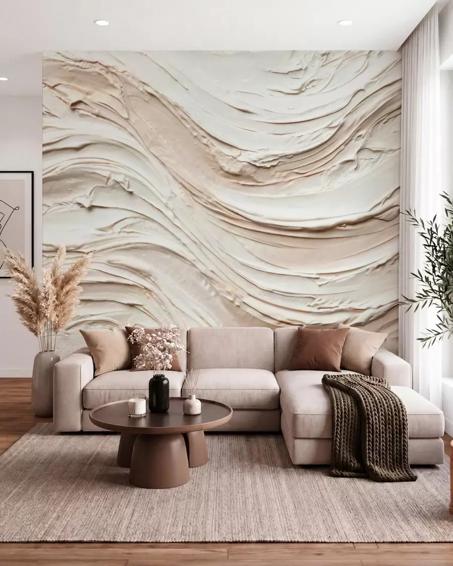 wall murals Warm cream-peach waves imitating textured plaster, abstract w09990