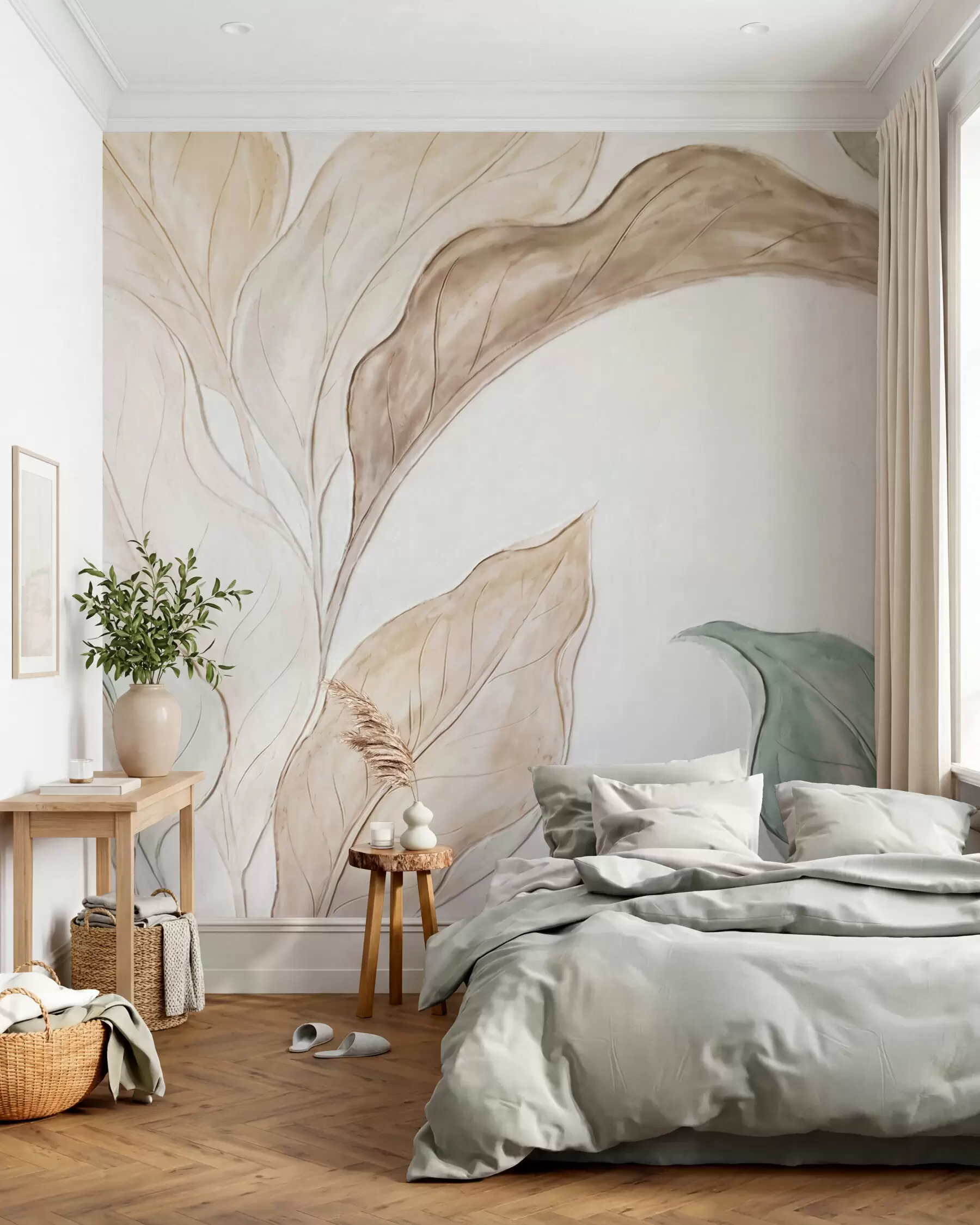 wall murals Imitation of relief molded, delicate beige-green leaves w09991