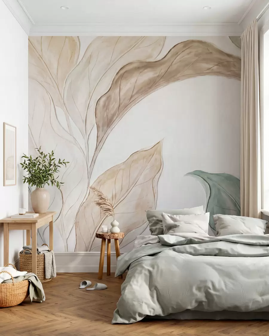 wall murals Imitation of relief molded, delicate beige-green leaves w09991