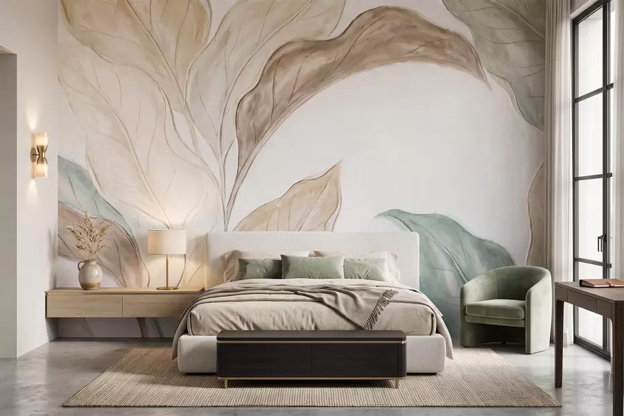 wall murals Imitation of relief molded, delicate beige-green leaves w09991