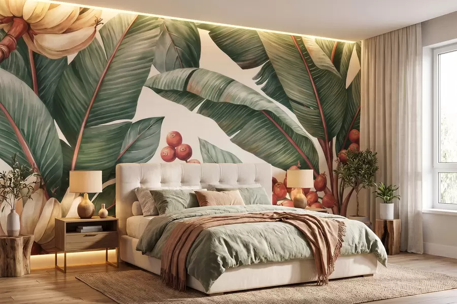 wall murals Tropical banana leaves with clusters of red coffee berries, watercolor style w09997
